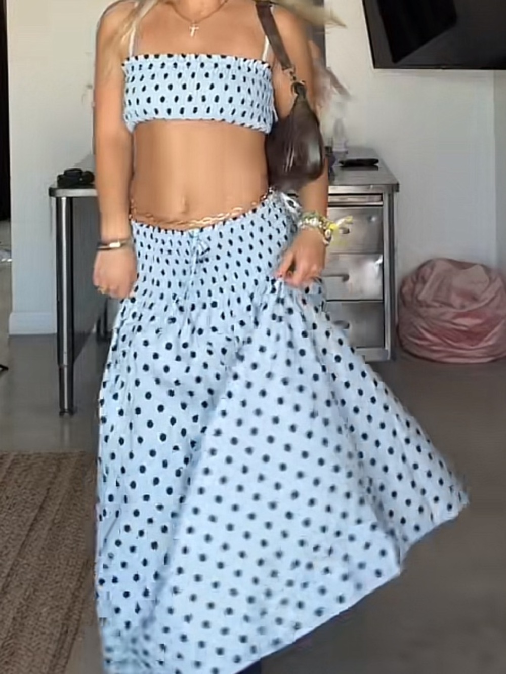 Urban Outfitters Light Blue and Black Polka Dot Skirt Set
